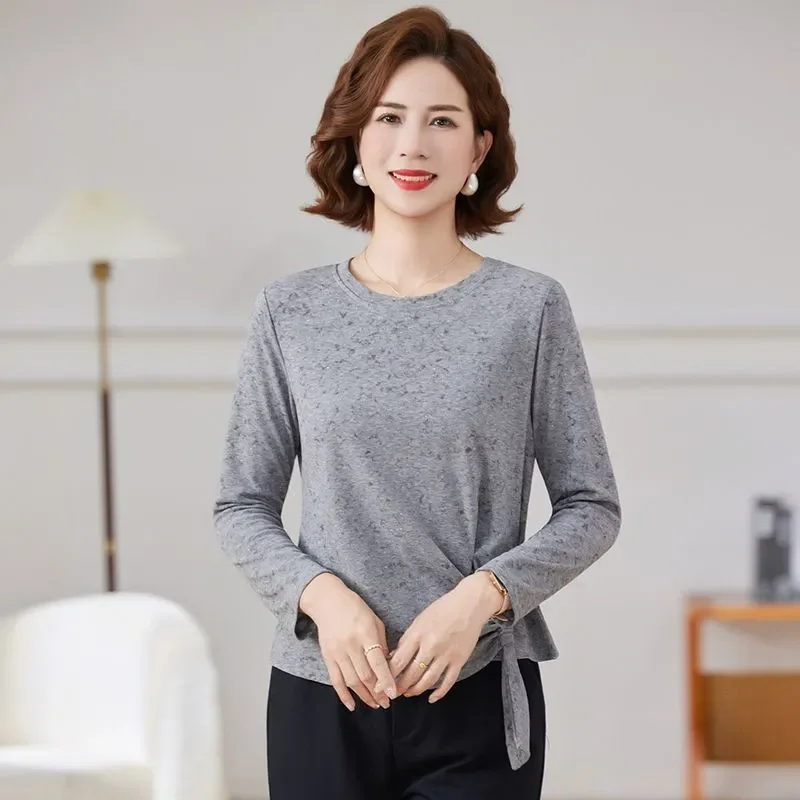 Women Mom Long Sleeve Blouse Casual Twist Knot Hem Slim Short Top Elegant Middle Aged Base Shirt For Spring Autumn