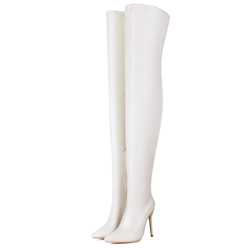 

Elastic Women's Thigh High Boots Super High Heels Over the Knee Boot Black White Long Dance Nightclub Shoes Ladies Large Size 48