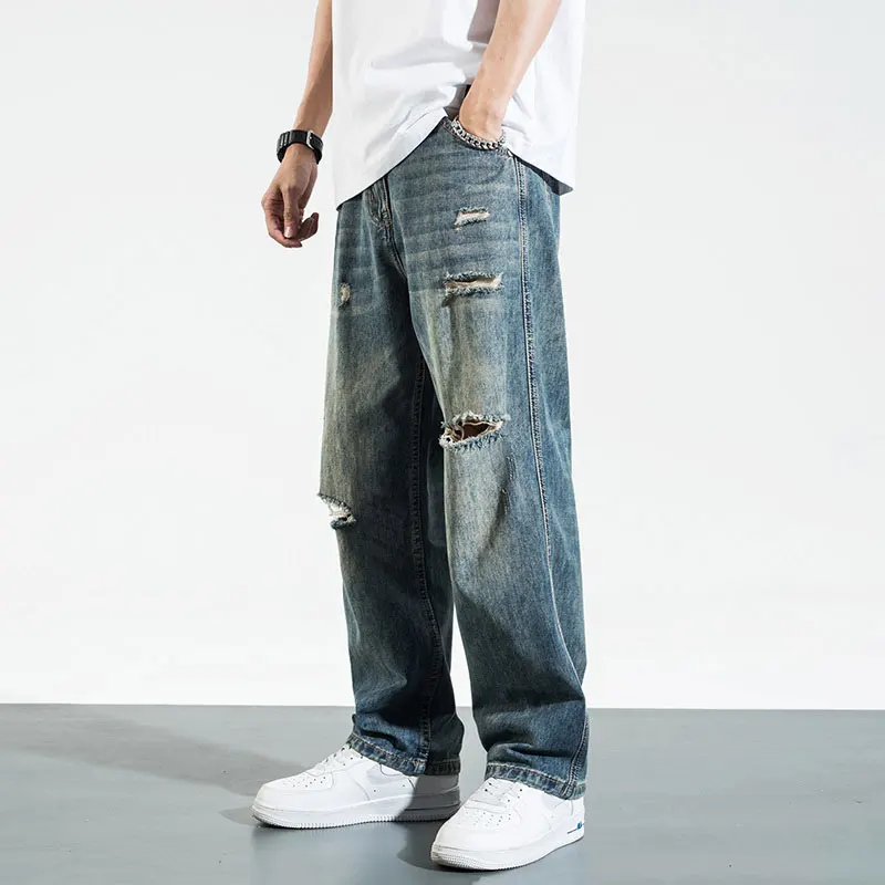 

American Washed Vintage Workwear Jeans Men's Loose Wide Leg Drapey Straight Leg Long Pants Torn Ragged Poor Boy Pants Trendy
