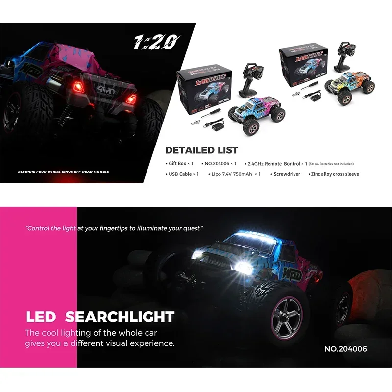 WLtoys 204006   1:20 Samochód zdalnie sterowany 2.4G 4WD z oświetleniem LED Drifting Car 50KM/H Pojazd terenowy Zdalnie sterowany samochód Zabawka