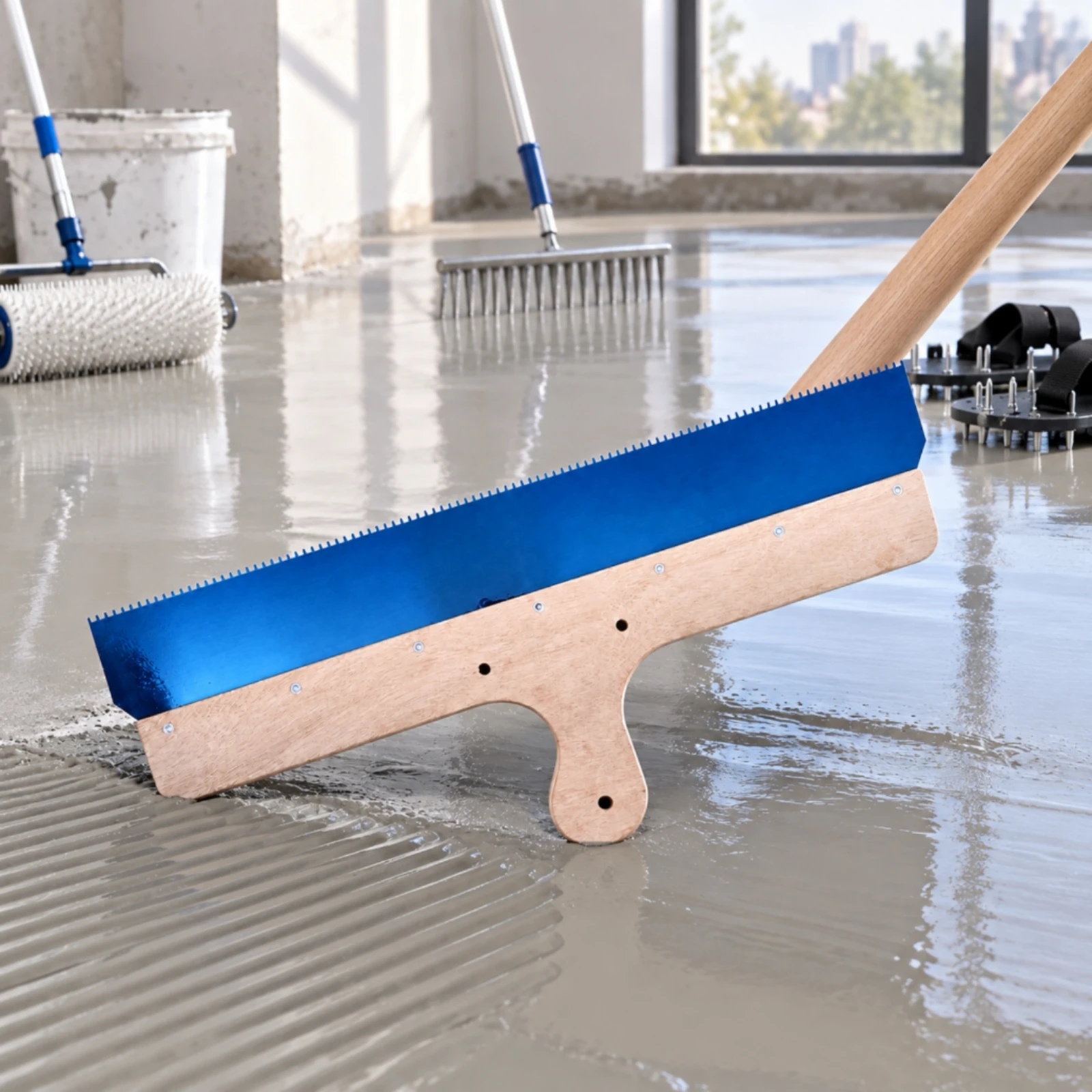 Self Smoothing Flooring Rake Wooden Handle Construction Tool Fine Toothed Edge for Leveling Compound Two Handed Grip