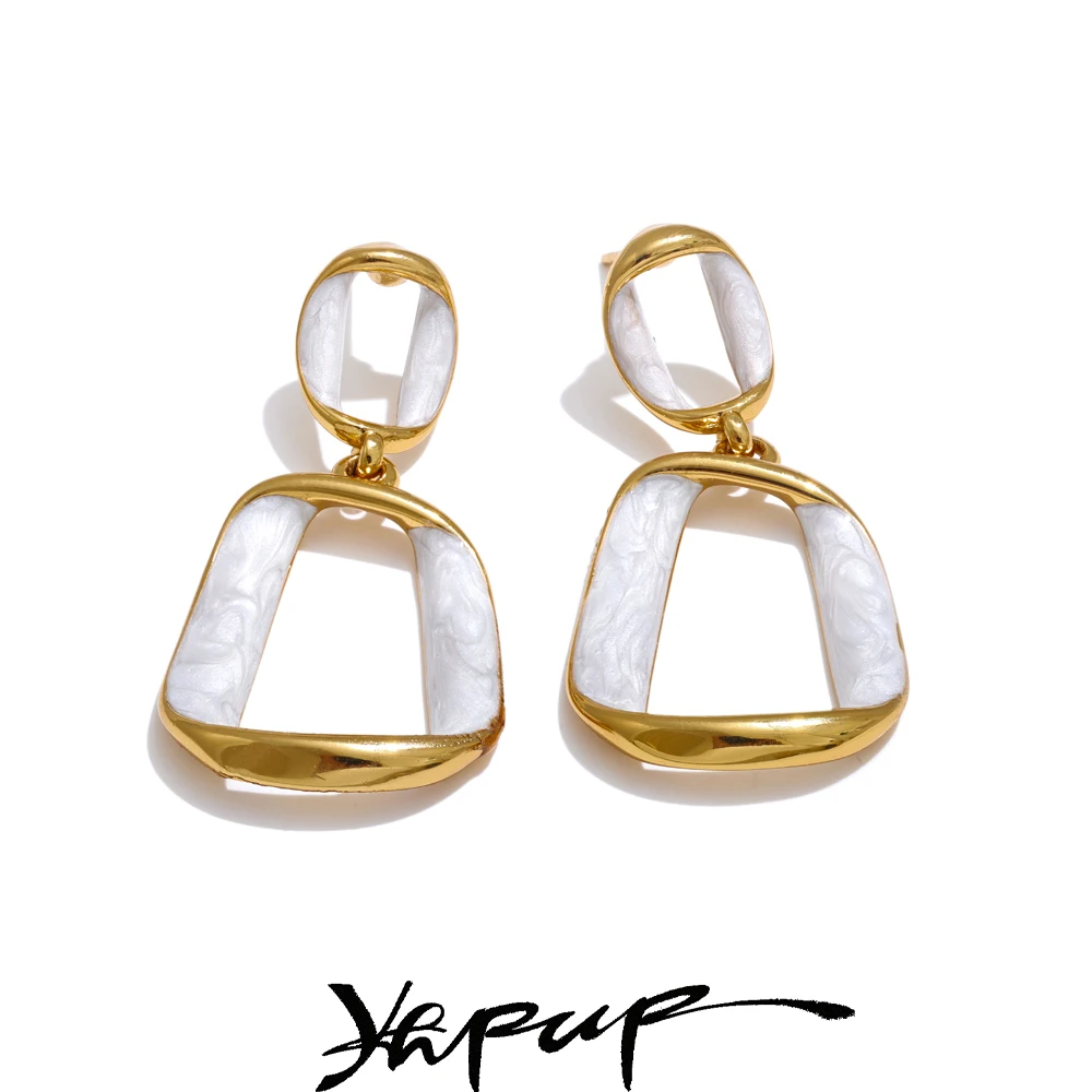 Yhpup อินเทรนด์สแตนเลสสีขาวเคลือบสี่เหลี่ยมผืนผ้า Hollow Drop ต่างหู 18K Gold สีชุบอเนกประสงค์ทุกวันเครื่องประดับของขวัญ