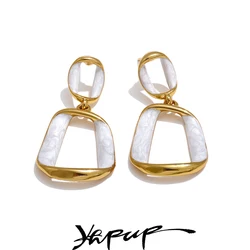Yhpup Trendy Stainless Steel White Enamel Rectangle Hollow Drop Earrings 18K Gold Color Plated Versatile Daily Jewelry Gift