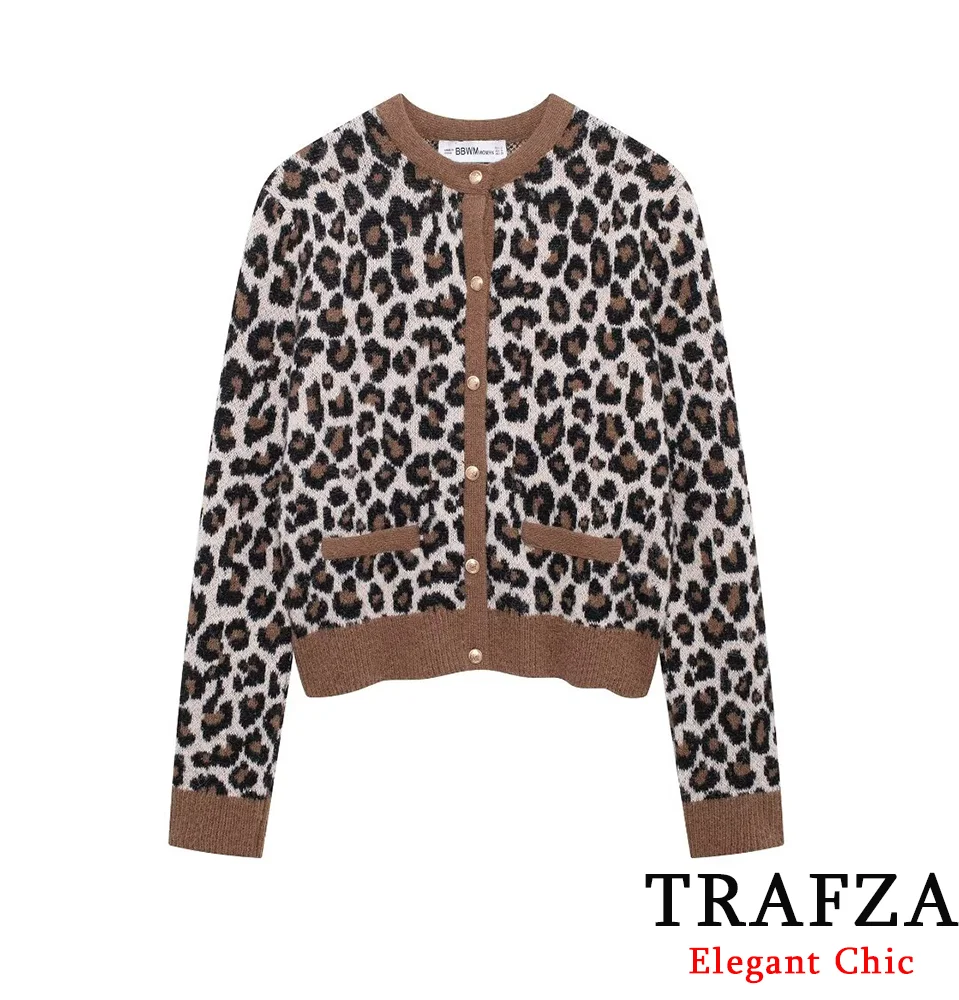 TRAFZA Women's Animal Print Jacquard Jacket Knitted Slim Jacket New 2024 Autumn and Winter Sexy Retro Elegant Jacket Coat