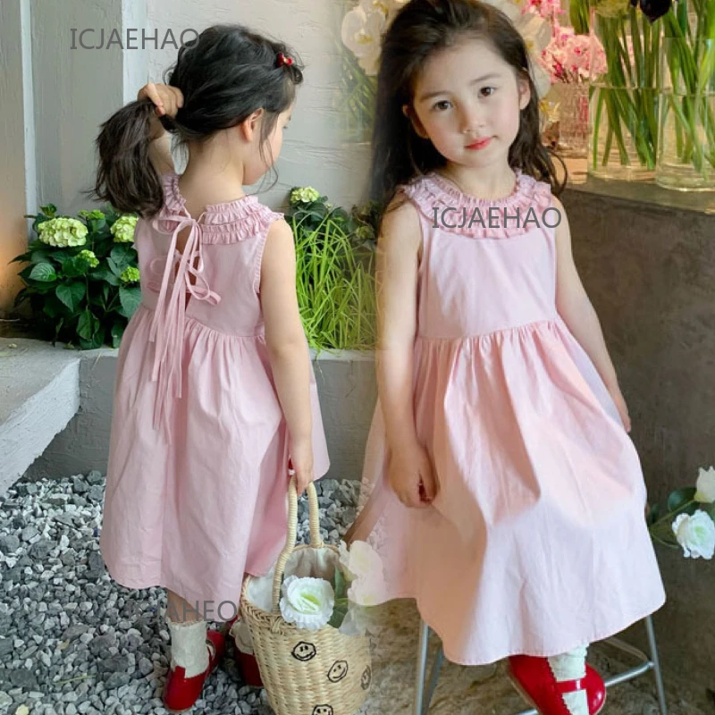 Teen Girl Clothes 2025 Children Pink Collar Sleeveless Matching Kids Summer Dresses Sweet Girls Princess Dress Costumes Lace