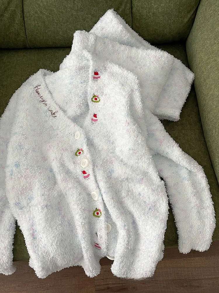 sweet-half-fleece-sleepwear-women's-style-warmth-two-piece-set-winter-home-clothes-long-sleeve-v-neck-button-front-home-clothes
