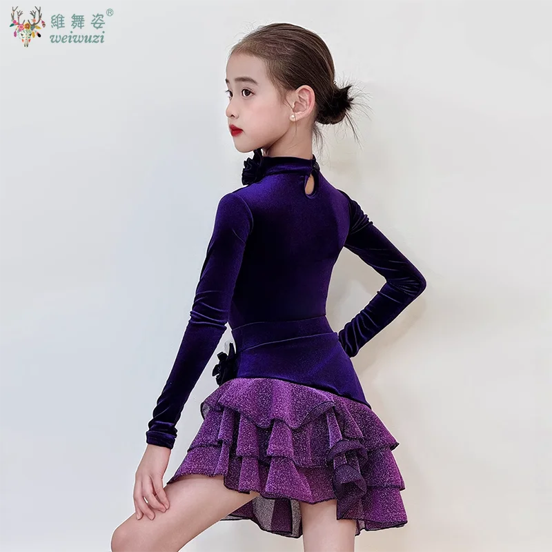 Vêtements d'entraînement de danse latine pour filles, jupe multicouche à manches longues, vêtements de compétition de spectacle sur scène de danse latine, automne