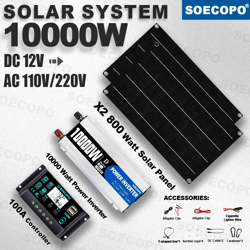 

SOECOPO 10000W High-Efficiency Solar Kit 2x800W Panels 100A Controller 12V to 110V 220V Inverter for Boat RV Camping Off-Grid