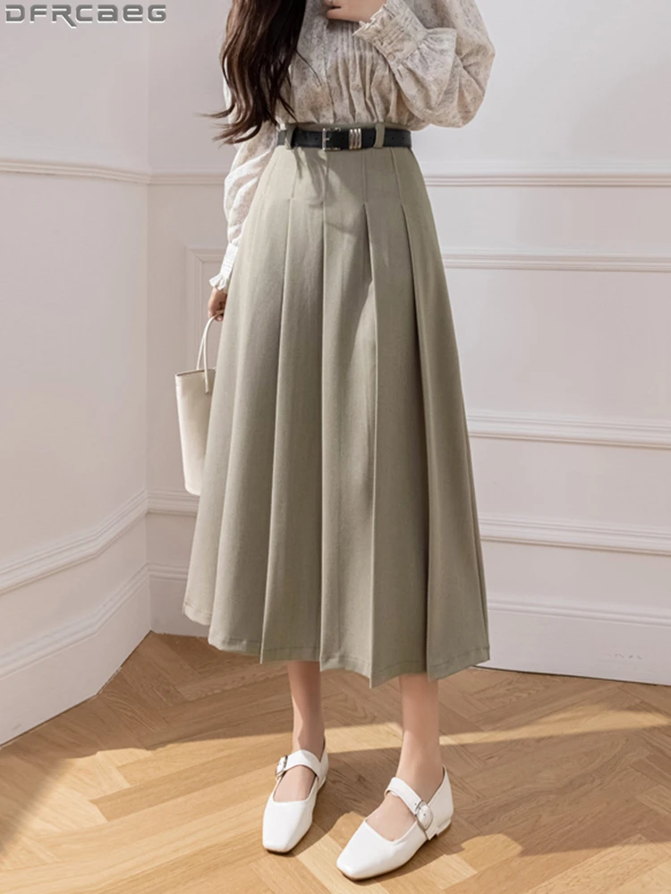 

2023 Spring Autumn Pleated Long Skirt Women Vintage High Waist Belt Big Swing Maxi Skirts A-Line Midi Black Grey Faldas Largas