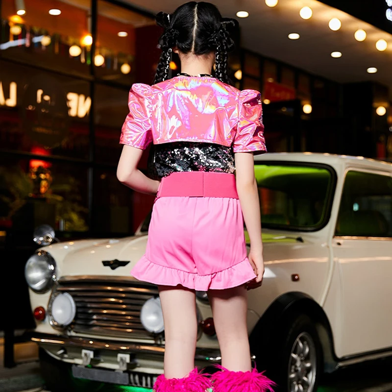 Kids Cheerleading Jazz Dance Costume Girls Kpop Stage Outfits Sequins Top Shorts Child Cool Hip Hop Clothing Street Wear 10017