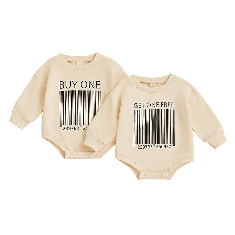 

Baby Boys Girls Sweatshirts Rompers Twin Clothes Letter Barcode Print Round Neck Long Sleeve Toddler Fall Bodysuits