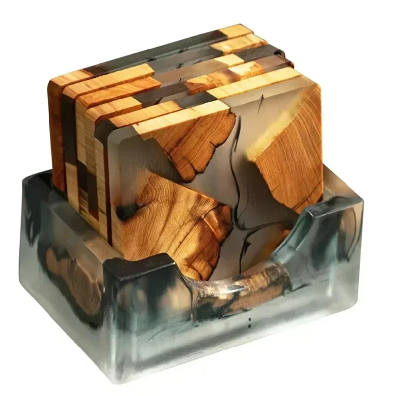 

Wood Coasters Set With Epoxy Resin - Modern Coasters With Holder For Drinks, Includes 6 Coasters And Holder