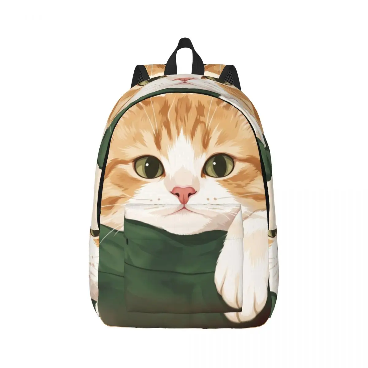 Cartoon Animal School Backpack Center Pocket Cat Whimsical Illustration Green Orange White Fun Bookbag for Girls Boys Teens Gym
