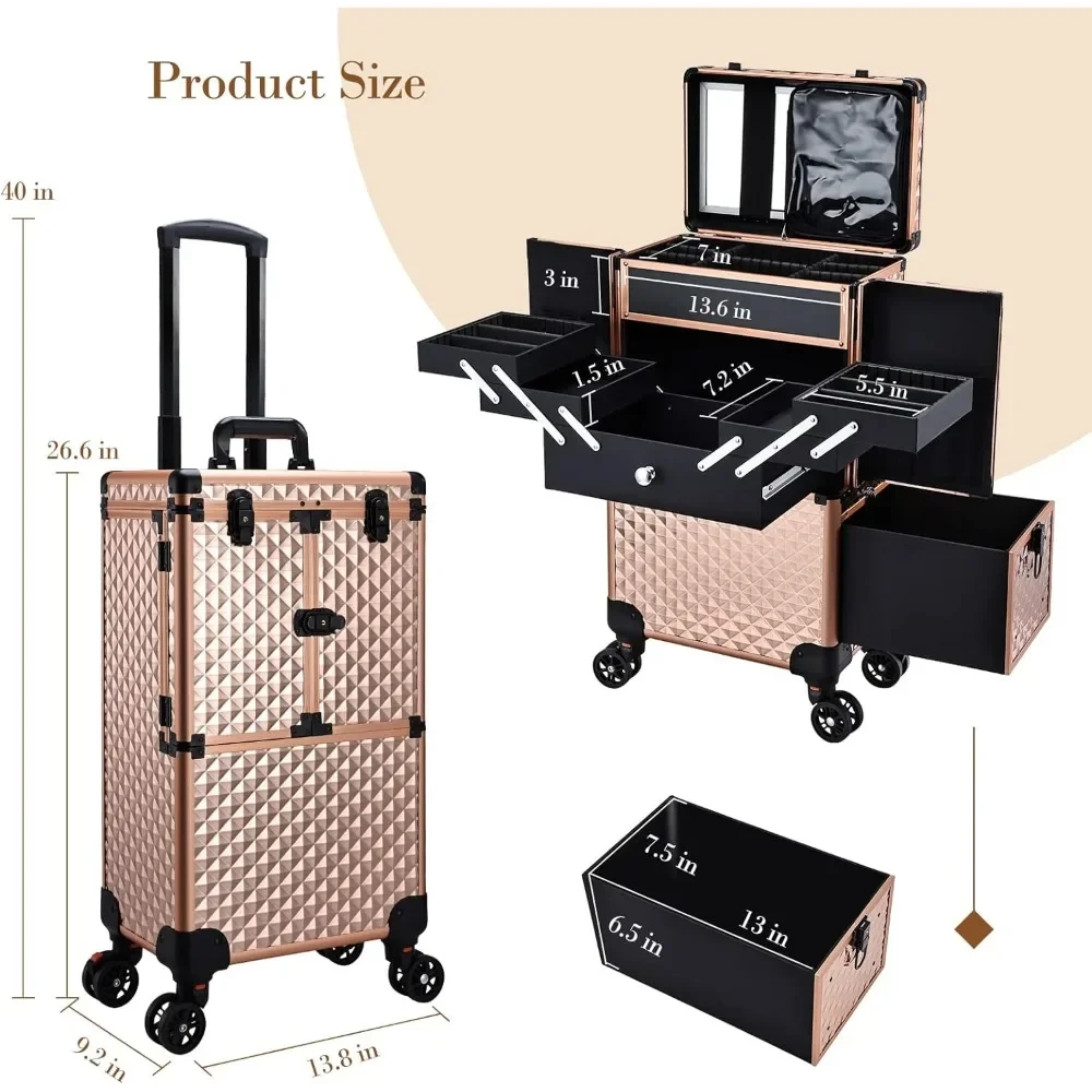 Professional Makeup Artist Rolling Train Case Multi-functional Cosmetic Train Case Large Trolley Storage Case for Nail