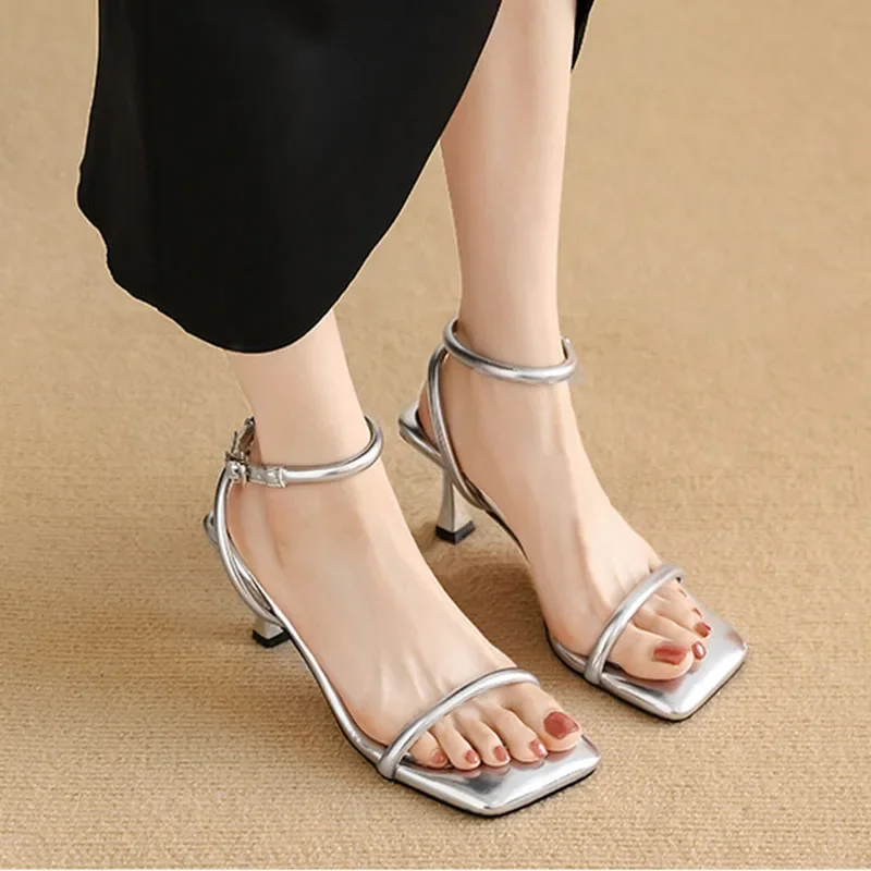 Women\'s Heel Sandals Beige Black Summer Shoes for Women Sexy Solid Thin Band Ankle Buckle Fashion Sandalias De Mujer Verano 2024