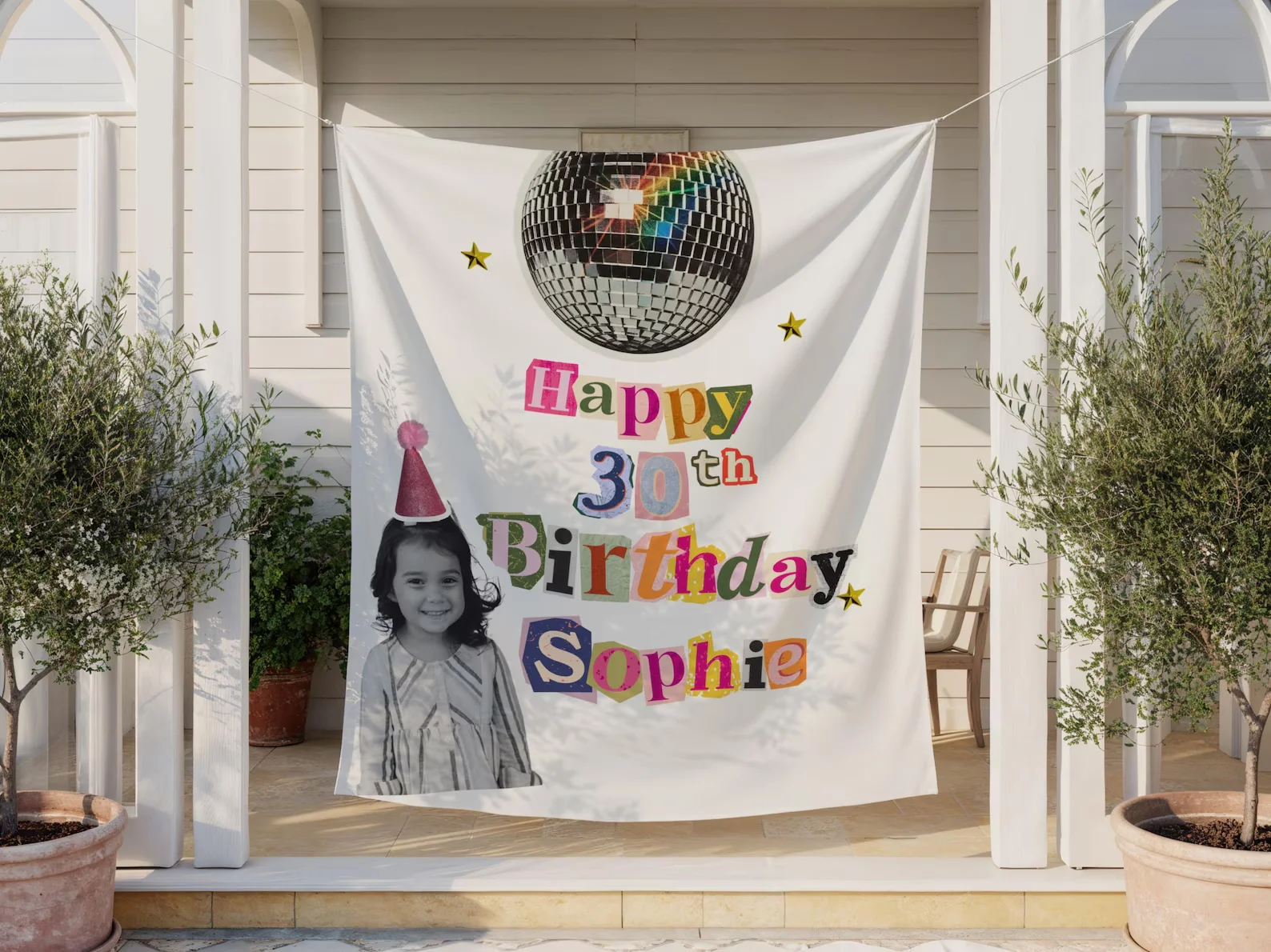 

Custom Birthday Photo Banner Personalized Name Age Fabric Backdrop Disco Ball Party Decoration Photo Booth Wall Hanging