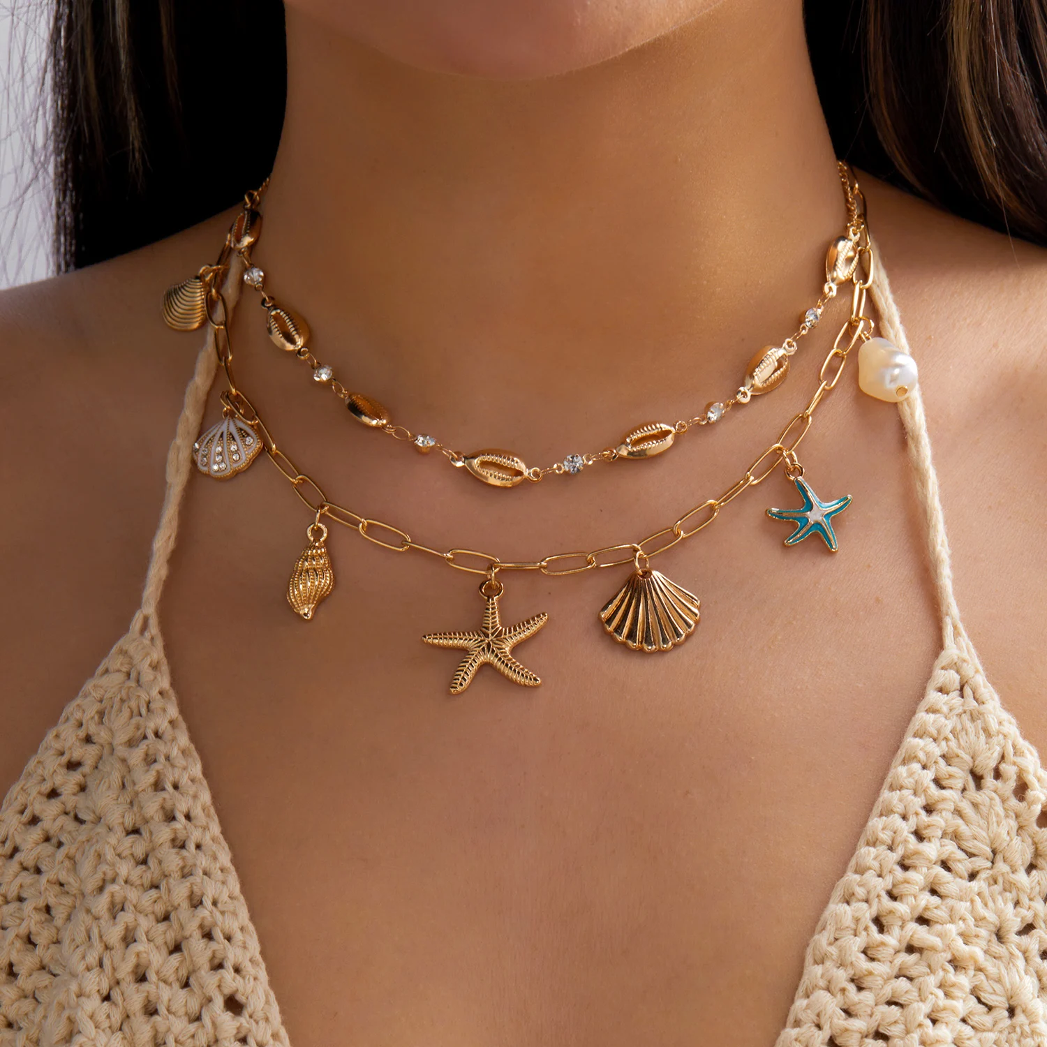 Seestern-Muschel-Mehrschichtige Choker-Halsketten für Frauen, Boho Goldfarbene Muschelketten, Charms, Strand-Sommer-Party-Schmuck, Geschenk – Detail 4