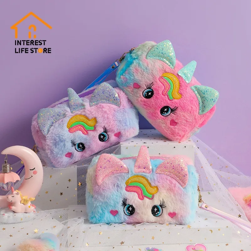 

Large Capacity Cartoon Unicorn Big Eyes Plush Makeup Bags Cute Girl Handheld Travel Washbag Children Students Stationery Pen Bag