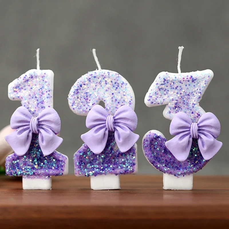 Birthday Cake Candles Number 0 1 2 3 4 5 6 7 8 9 Candle Purple Bownot Cake Topper Decoration For Party Anniversary Celebration