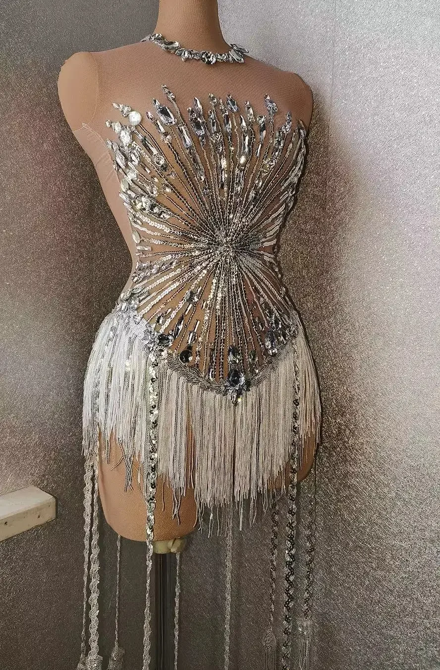 Silver Grey Fringes Midi Dress Stones Women Birthday Evening Party Dress Female Singer Stage Costume Net Yarn Tassel Dresses