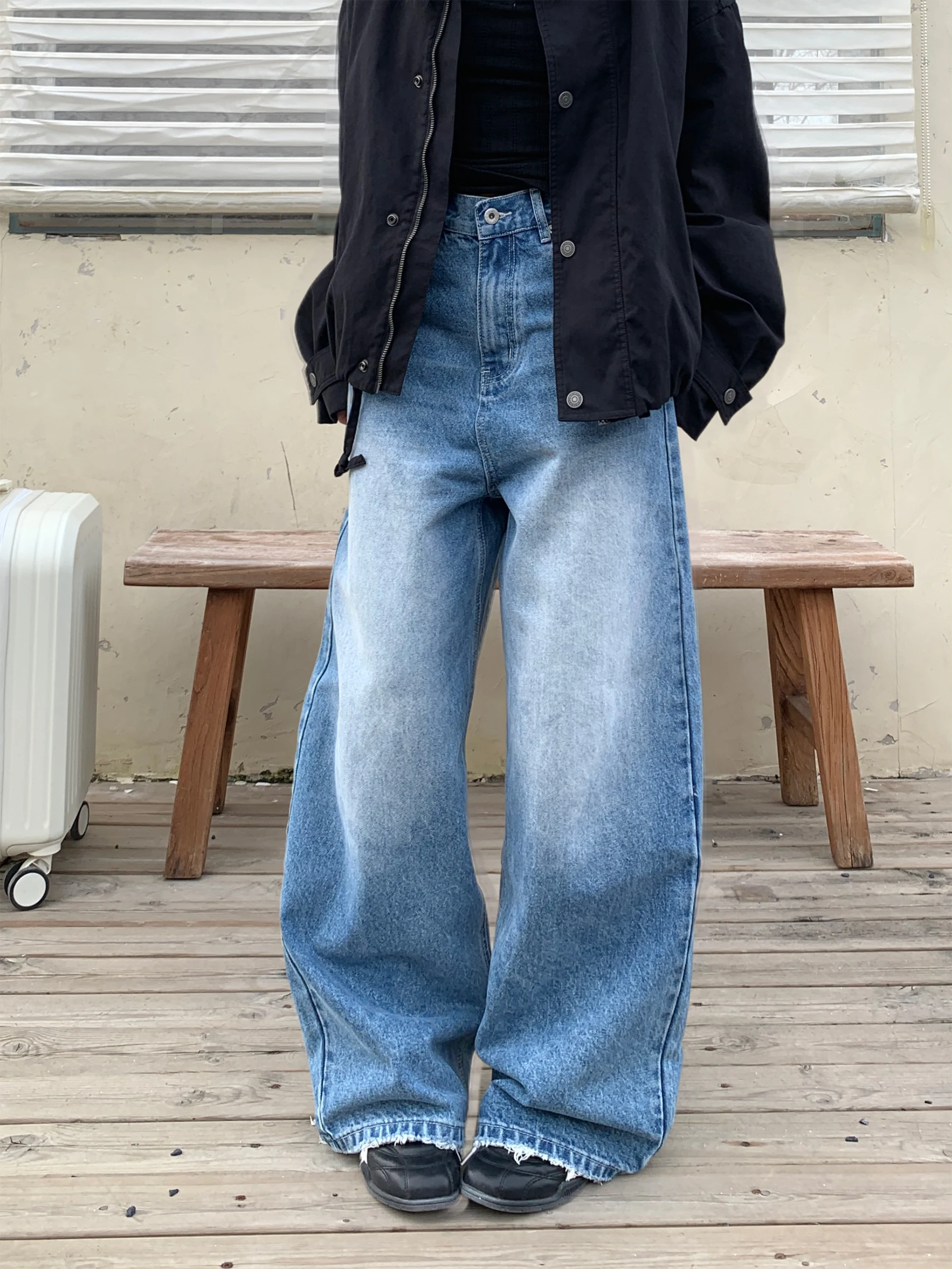 

Женские свободные прямые джинсы из хлопка в американском стиле: универсальные, базовые, струящиеся, повседневные, длинные брюки