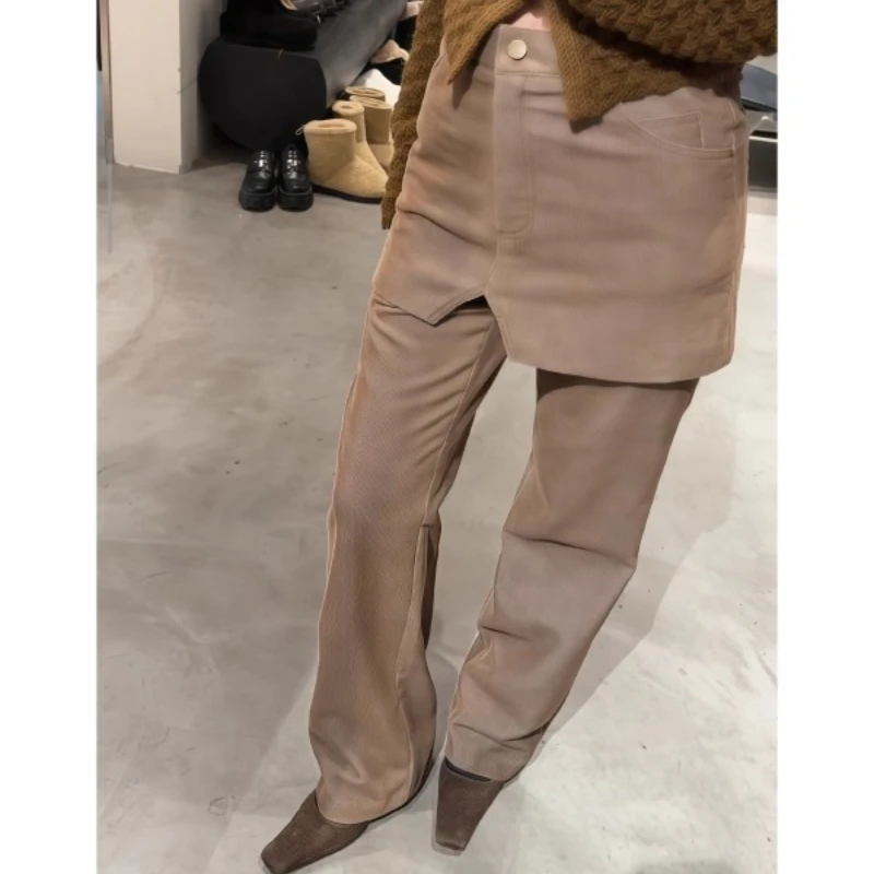 American Retro Corduroy Brown Women's Skirt Pants 2025 Winter New Loose Splicing Design Versatile Straight-Leg Trousers Ladies