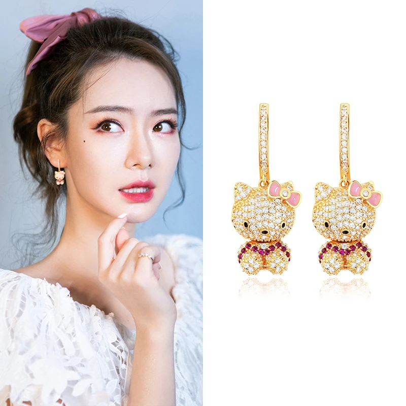 New Kawaii Sanrioed Hellokitty Full Diamond Earrings Kitty Cat Head Necklace Pendant Girls Fashion Luxury Versatile Stud Jewelry