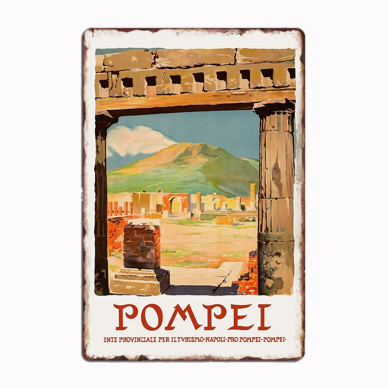 Italy - Pompei  Colorful Minimal Retro Travel Poster Metal Print Sign Garage Room Cinema Living Custom Tin Vintage Home Decor