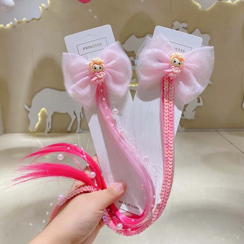 Pink Princess Children Wig Hairpins Kids Girls Hair Clip Fake Hair Twist Braider Headdress Hair Clips Barrettes Hair Accessories