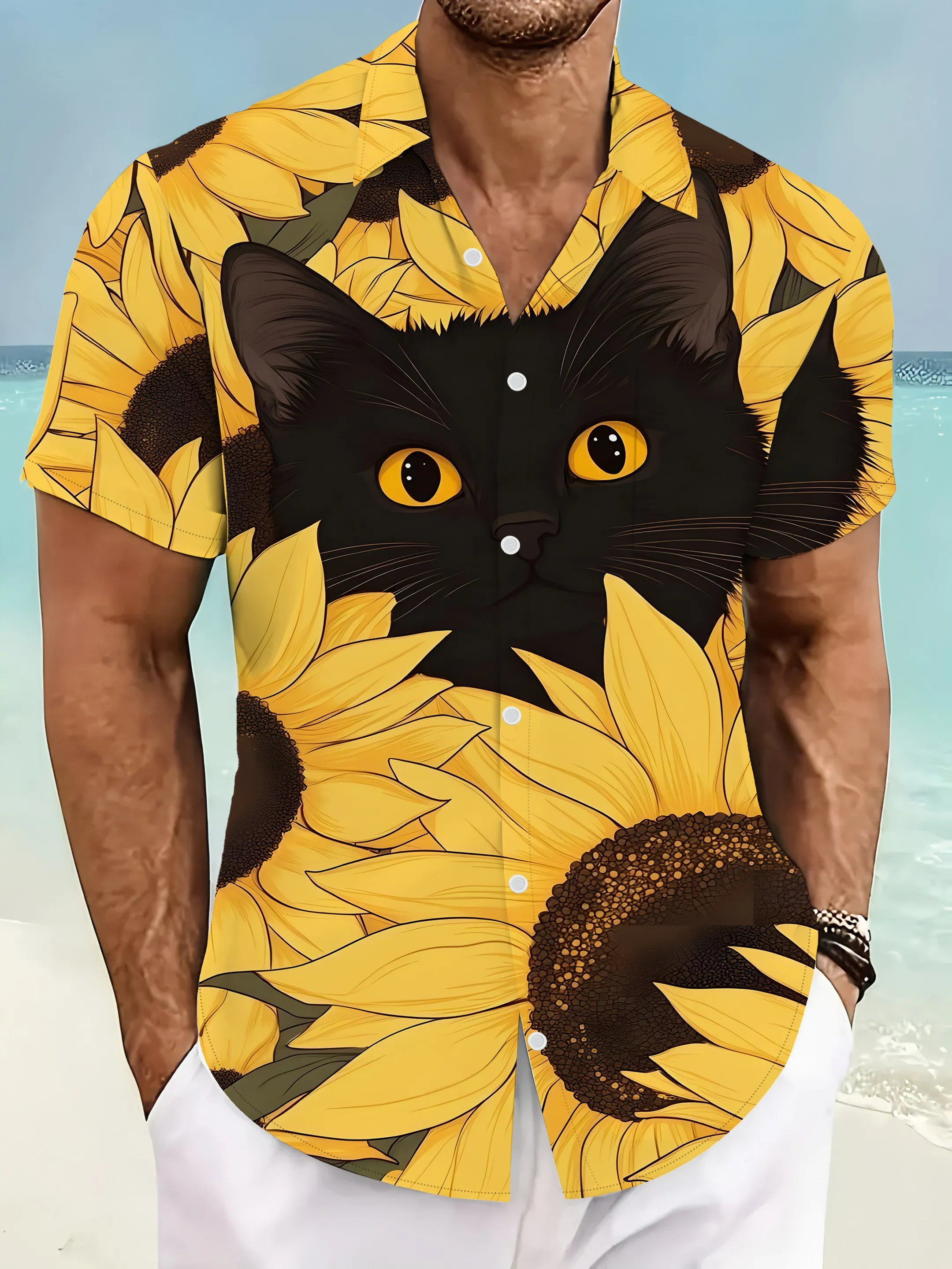 Summer Vacation Clothing Men - Kemeja Pria Motif Kucing Hitam Bunga