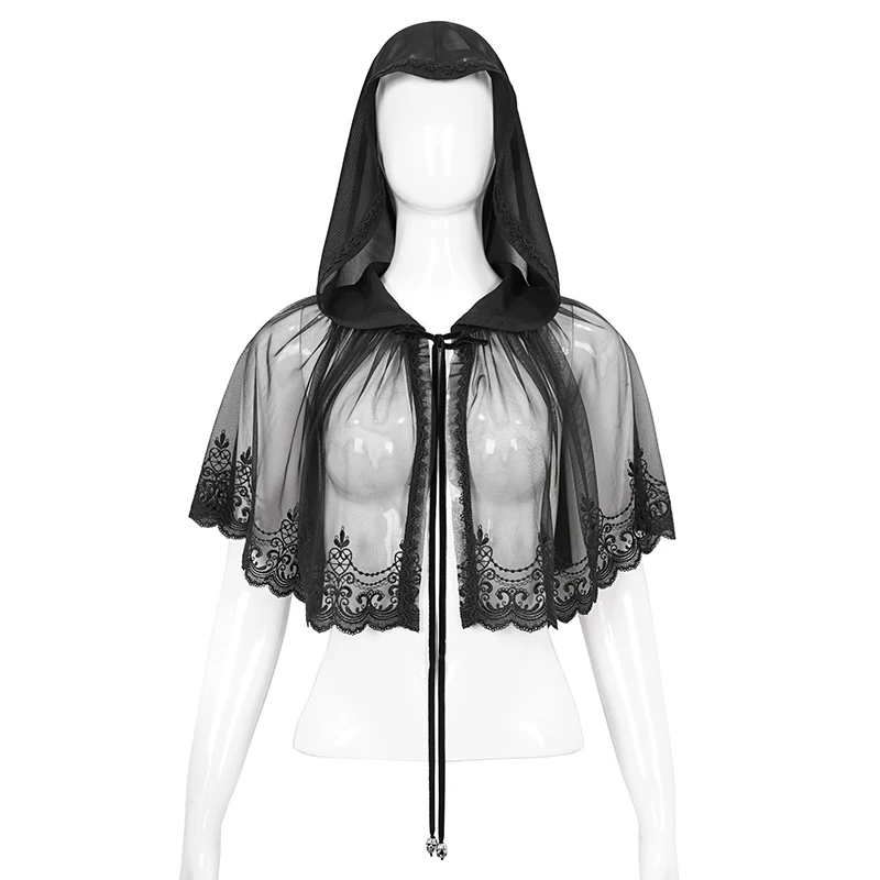DEVIL FASHION Halloween Witch Spider Web Lace Hooded Short Cape Women Black Tassel Fringe Gothic Transparent Shawl CA022