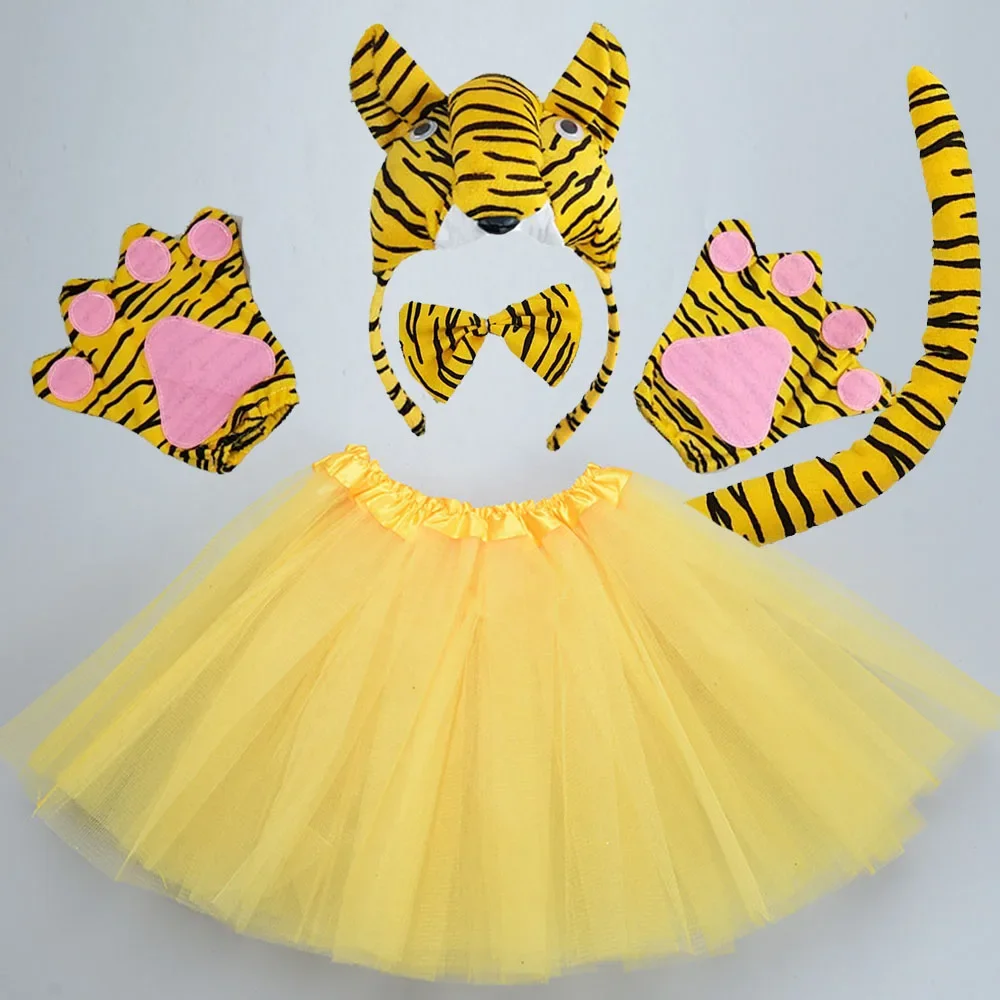 Children Adult Jungle Animal Tiger Costume Headband Bowtie Tail Tutu Set for Halloween Christmas Cosplay Party Birthday Gift