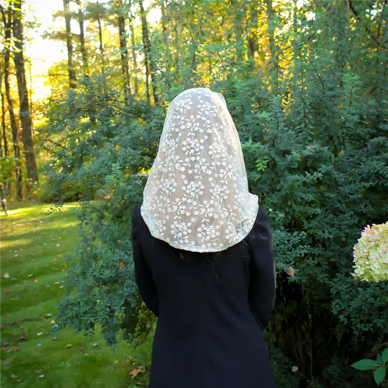 Black Navy Champagne Floral Mantilla Mass Catholic Veils Head Covering For Women Infinity Embroidered Lace Vintage Little Daisy image 6