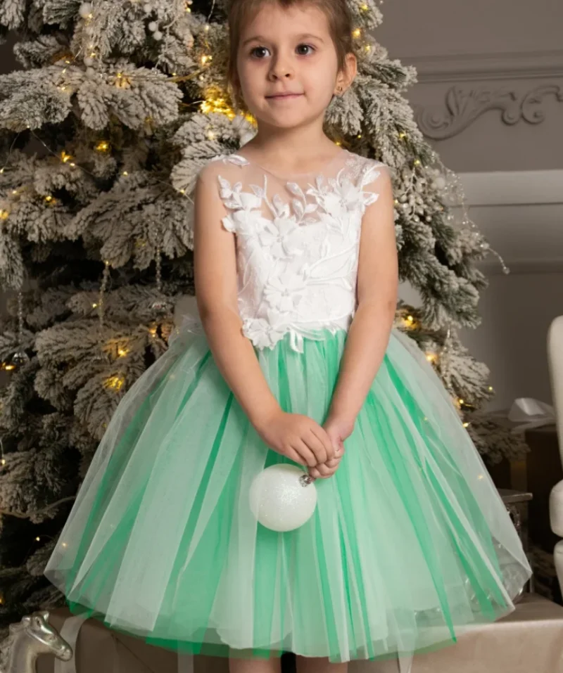 Vestido de tul verde para niña de las flores, traje de encaje blanco con lazo para boda, fiesta de cumpleaños, primera comunión, 12M, 24M, 4T 6T