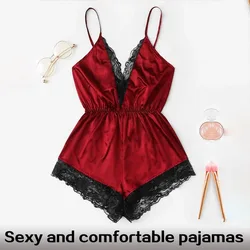 Summer Sexy Fashion Women Lace Splice Trim Backless Bow Shorts V-Neck Bodysuit Women Sleep Wear Set Lingerie One-piece Garment