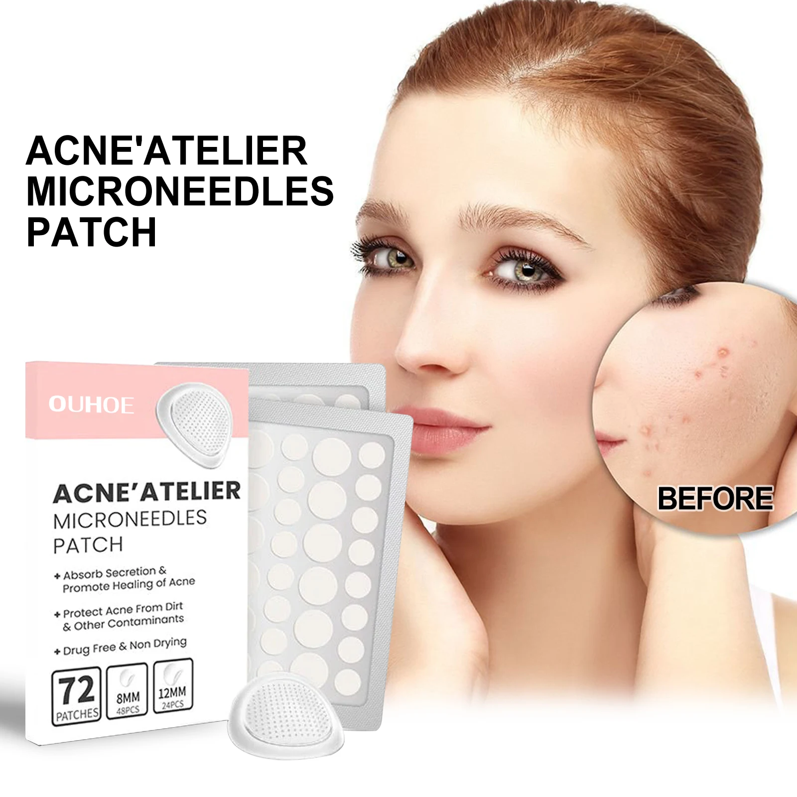 OUHOE 72pcs Invisible Acne Patch Remove Acne Pimple Patch Hydrocolloid Patch Spot Marks Concealer Repair Stickers Waterproof