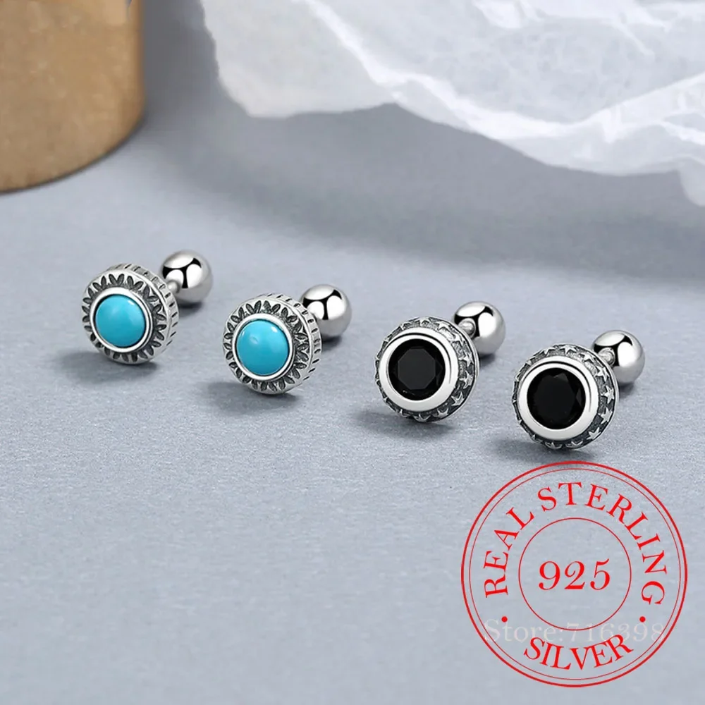

925 Sterling Silver Thai Silver Urquoise Black Round Thread Stud Earrings For Women Wedding Party Jewelry Gift Female Pendientes