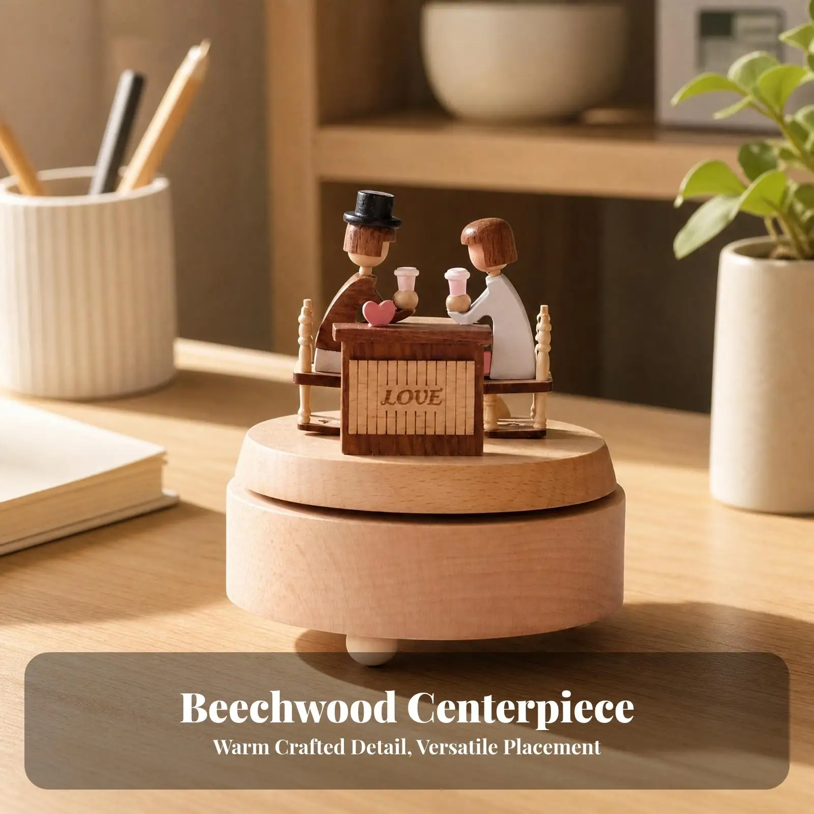 Beech Beech Tone Box with Rotating Scene Painted Carved Wooden Music Box with Figurines Freestanding for Gift Recipients, Shelf