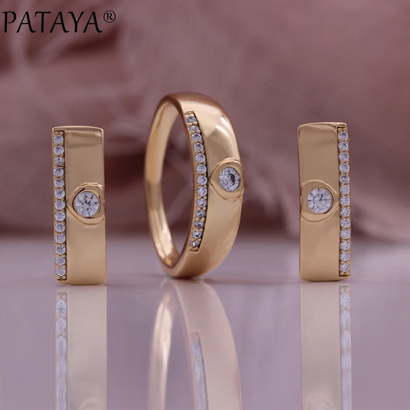 PATAYA Champagne Gold Color Glossy Vintage Drop Earrings Rings Natural Zircon Earrings For Women Fine Jewelry Set