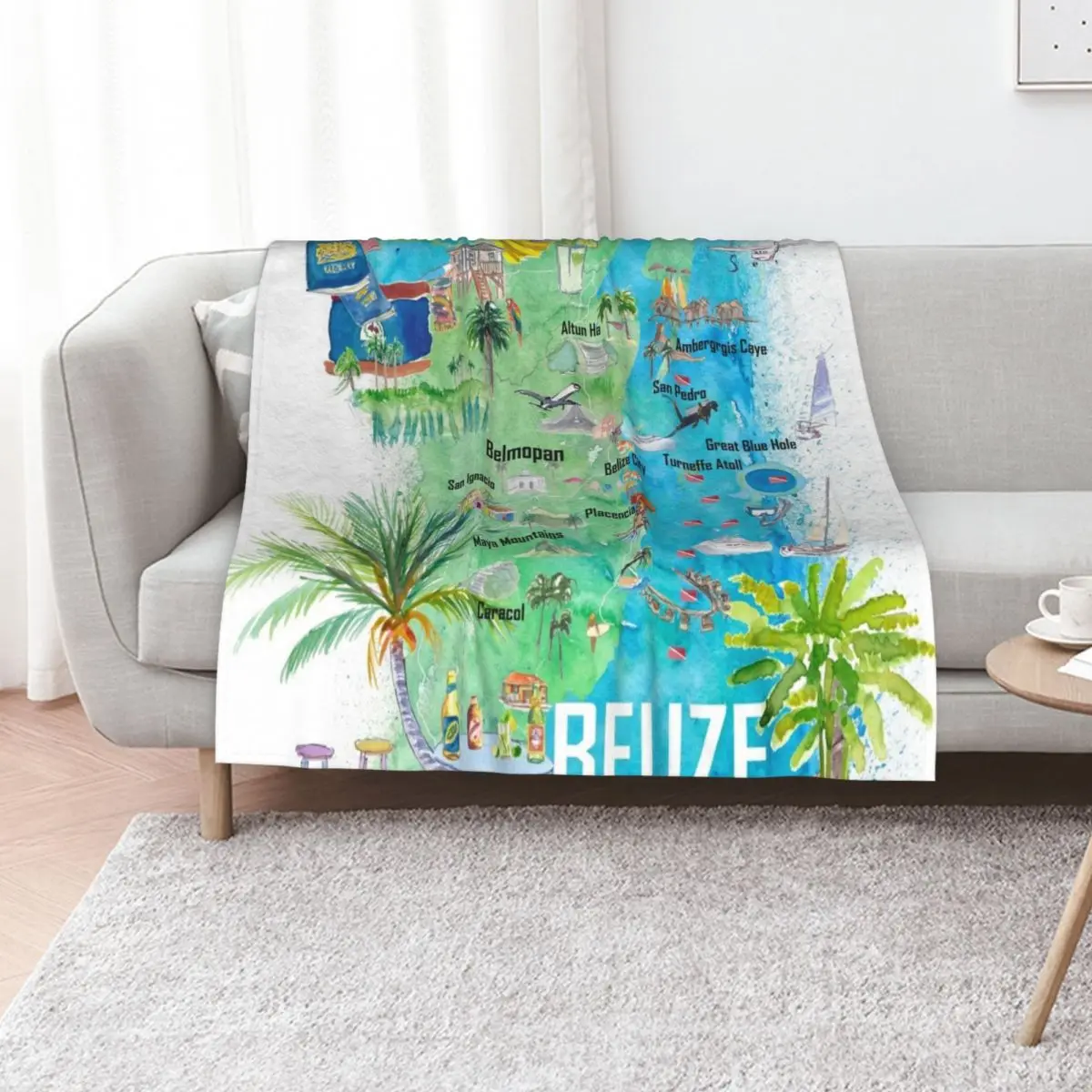 Belize Caribbean Illustrated Travel Map with Roads and Tourist Highlights Throw Blanket Summer Designers wednesday Blankets