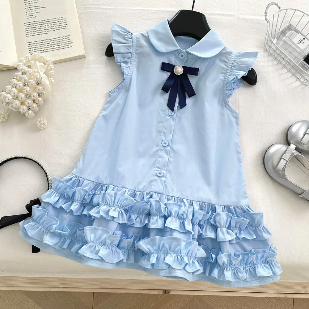 

2025 Korean Version Elegant Blue Girl Lapel Bow Sleeveless Lace Princess Dress Summer New Children's Casual Clothes