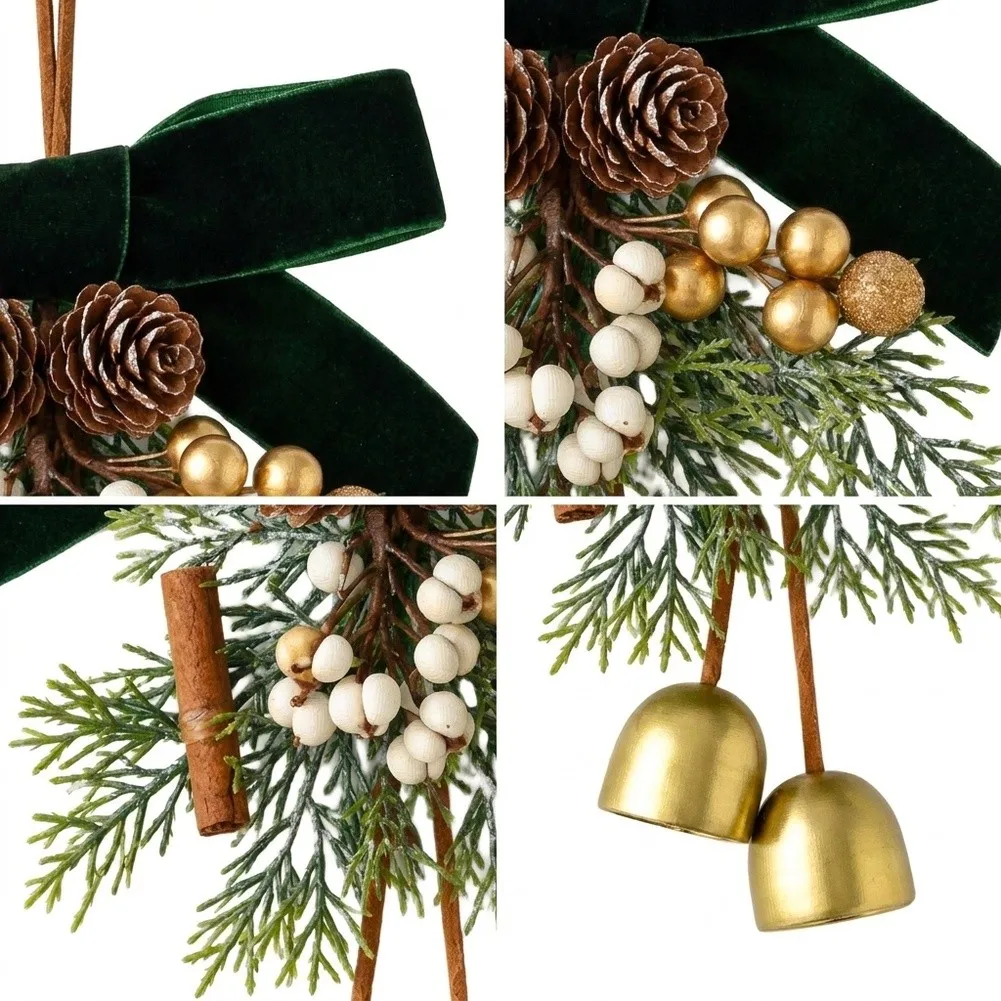 Christmas Hanging Ornament Collection 3PCS with Jingle Bells Satin Bows Pinecones and Foliage for Indoor Display