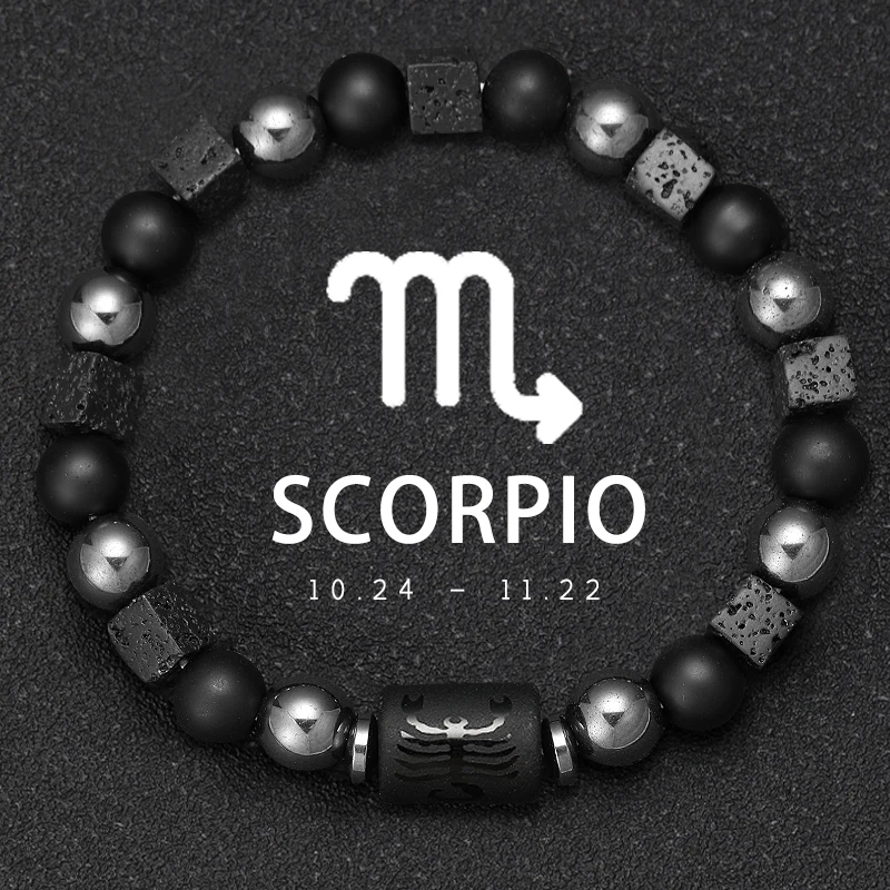 Pulsera del zodiaco de 12 constelaciones, cuentas de signos, pulsera para parejas, pulsera elástica cuadrada de piedra volcánica para mujeres y hombres, regalo