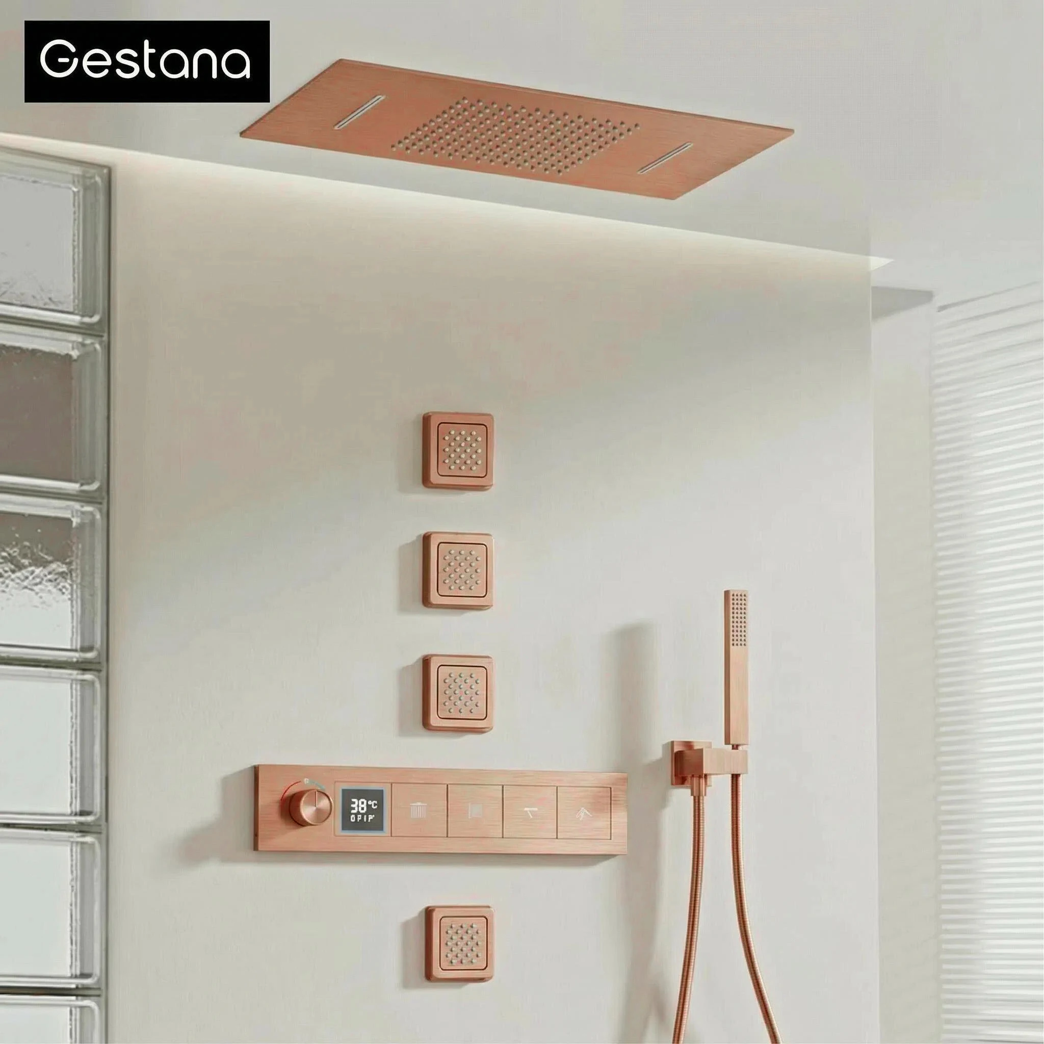 

Термостатический душевой набор из черной латуни для ванной комнаты со светодиодным цифровым дисплеем, потолочным дизайном, настенным креплением с 4 функциями Душевая система