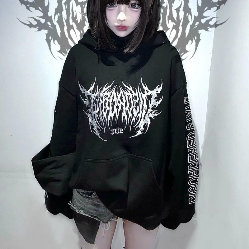 

Толстовки в стиле хип-хоп с японским готическим принтом, женские винтажные толстовки с капюшоном в стиле Харадзюку, уличная одежда с длинными рукавами, эстетичная повседневная толстовка Y2k
