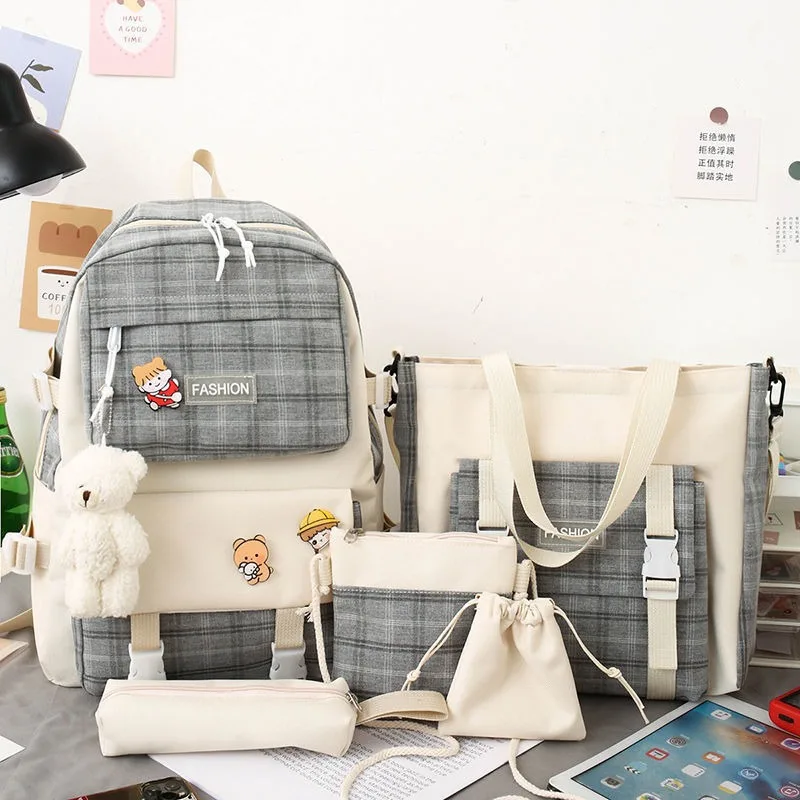 Japanese Cute Plaid Primary School Students Schoolbag Women Fashion Backpack 5pcs Set with Handbag Kawaii Girls Travel Backpacks