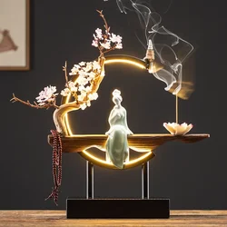 Chinese Style Backflow Incense Burner LED Light USB Circle Ceramic Lotus Girl Statue Incense Sticks Holder Home Office Ornaments