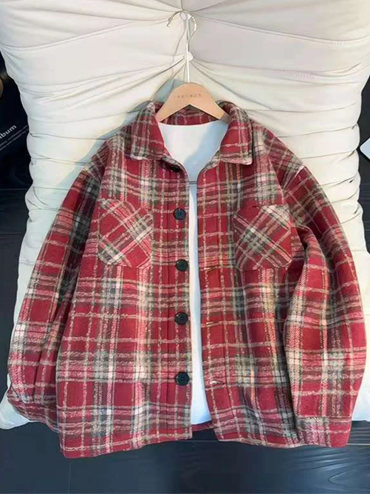 

Red American Retro Plaid Flannel Shirt Men's Autumn Winter Thickened Long Sleeve Woolen Coat Standard Fit Casual Style Youth