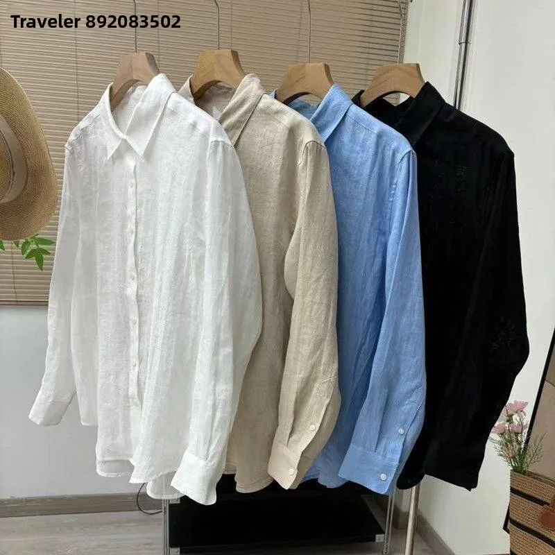 

White Linen Loose Fit Breathable Cotton Linen Long Sleeve Shirt New Chinese Style Cotton Linen Top Citywalk Casual Style