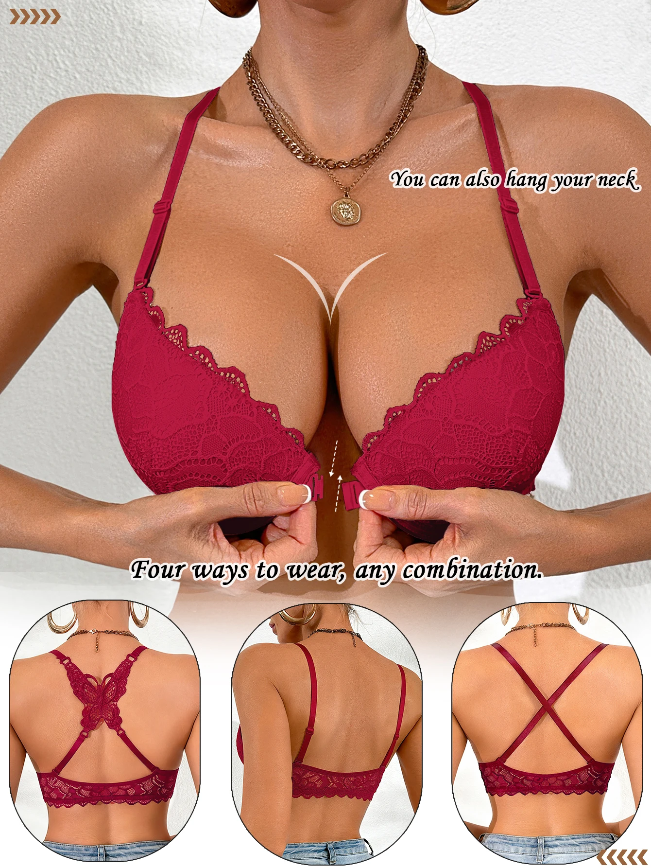 Butterfly Back Damen Spitzen-BH Sexy Vorderverschluss Push-Up BH Mehrweg-Träger Dessous – Detail 12